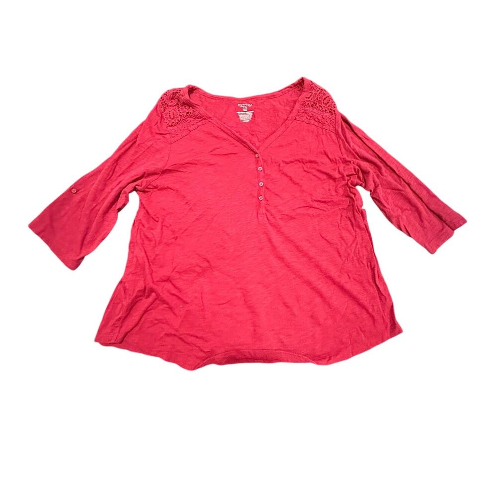 Sonoma Life Style Women's Red Lace Shoulder Henley 3/4 Roll Tab Sleeve Top 1X